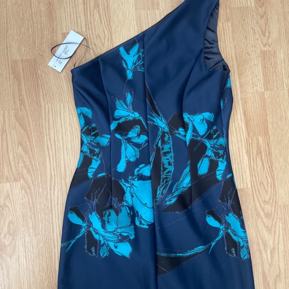 NWT Rickie Freeman Teri Jon One Shoulder Mid Navy and Teal Blue Fit Dress - Picture 7 of 7